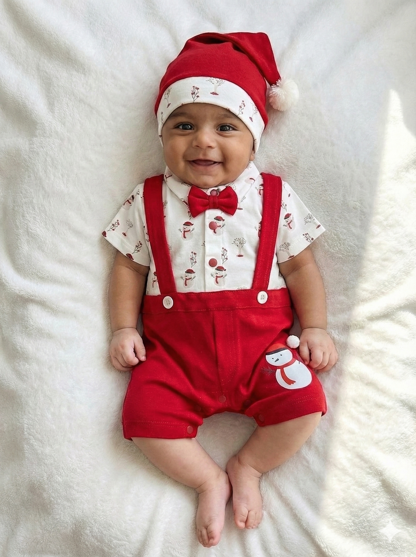 Baby Boy Christmas Romper Set with Cap – Santa & Snowman Printed Cotton Outfit with Bow Tie & Suspenders