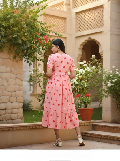 Pink Heart Print Maternity Dress – Soft Cotton Feeding & Pregnancy Wear for Women