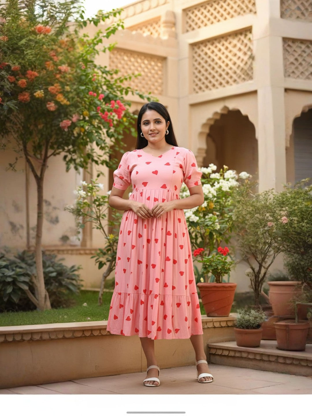 Pink Heart Print Maternity Dress – Soft Cotton Feeding & Pregnancy Wear for Women