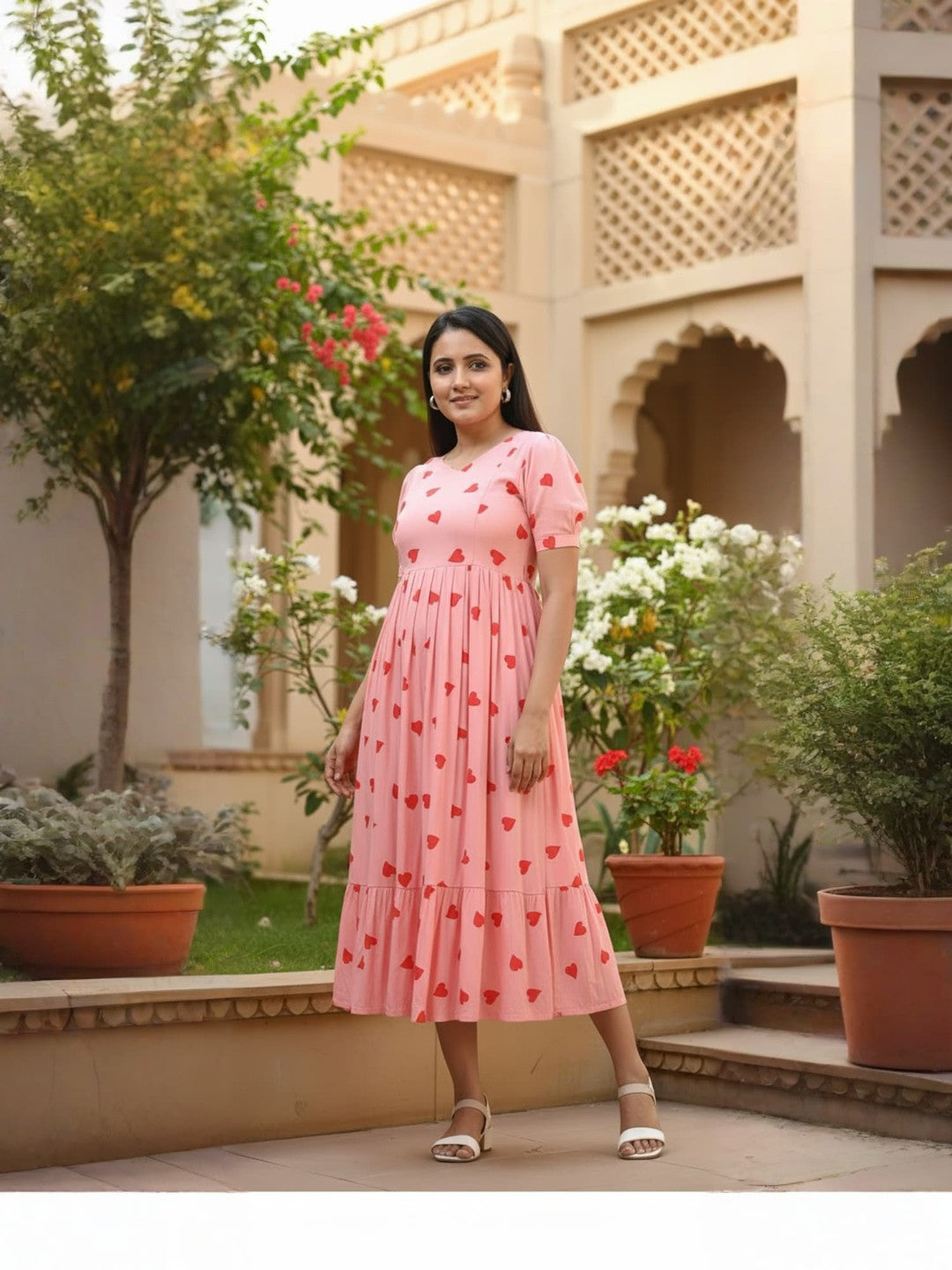 Pink Heart Print Maternity Dress – Soft Cotton Feeding & Pregnancy Wear for Women