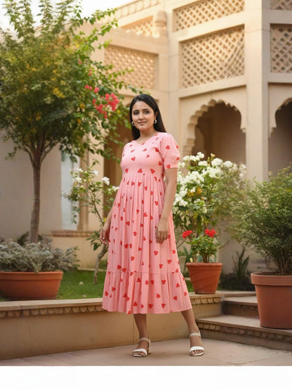 Pink Heart Print Maternity Dress – Soft Cotton Feeding & Pregnancy Wear for Women