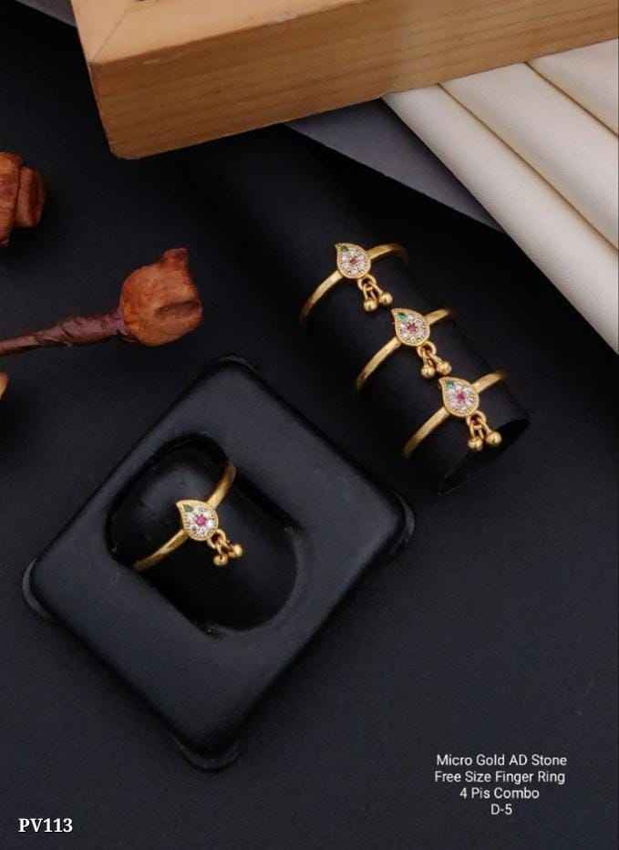 Micro Gold AD Stone Rings – Free Size Combo Pack of 4 for Women & Girls