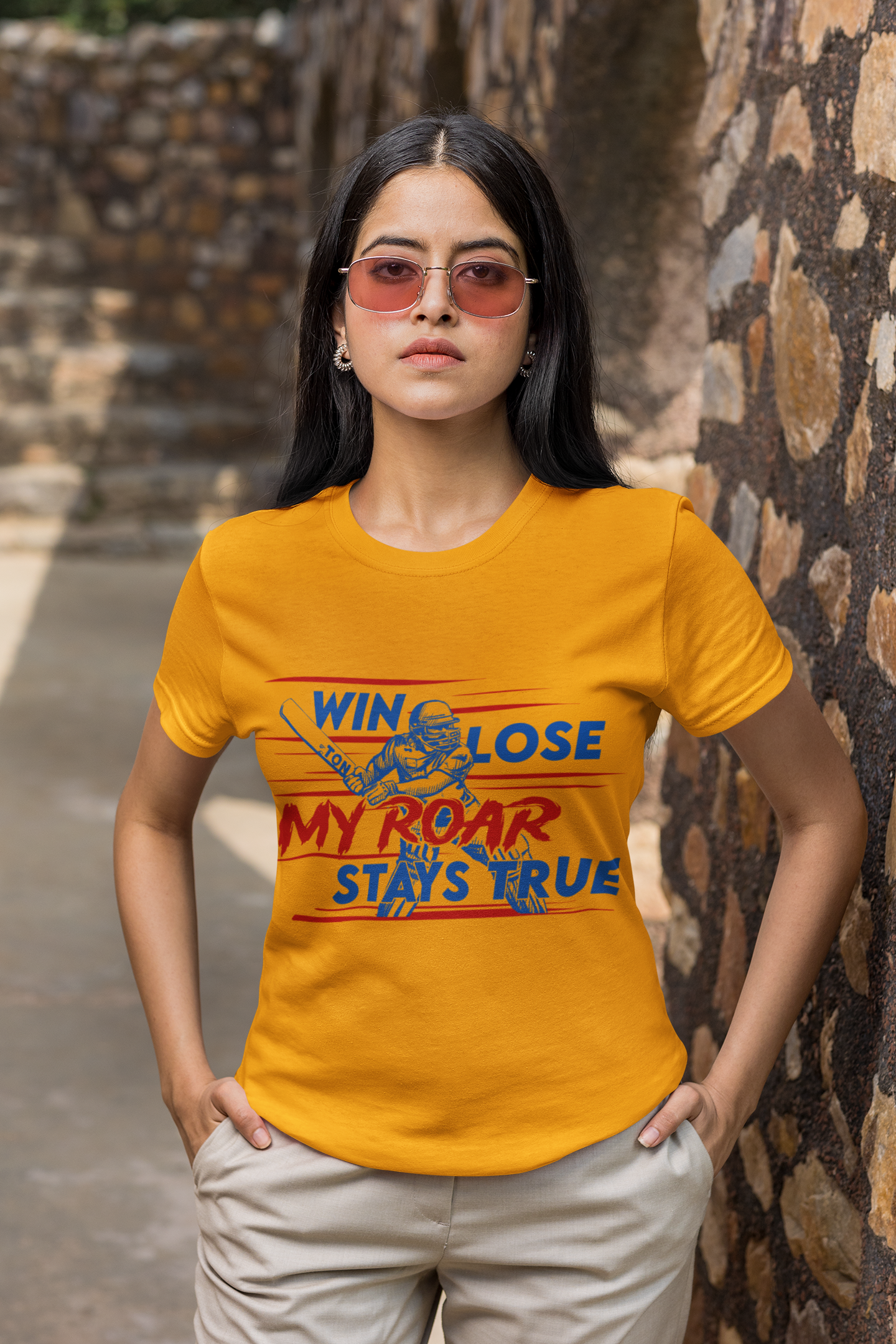 CSK fan custom t-shirt front view with 'Roar Stays True' slogan for Chennai Super Kings supporters for female
