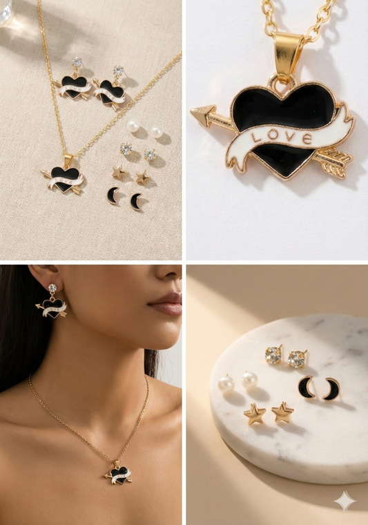 Stylish Heart Love Pendant Necklace & Earrings Combo Set for Women & Girls