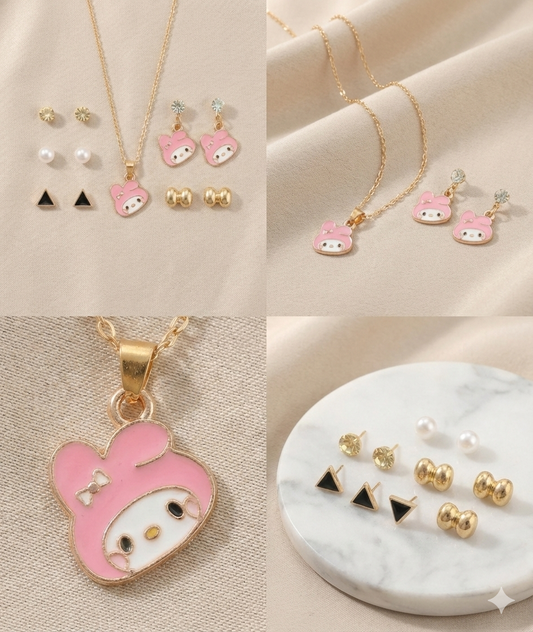 🎀 Cute Pink Bunny Fashion Jewellery Combo Set