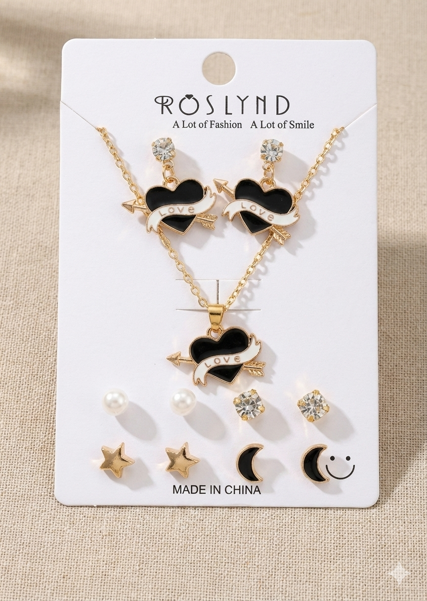 Stylish Heart Love Pendant Necklace & Earrings Combo Set for Women & Girls