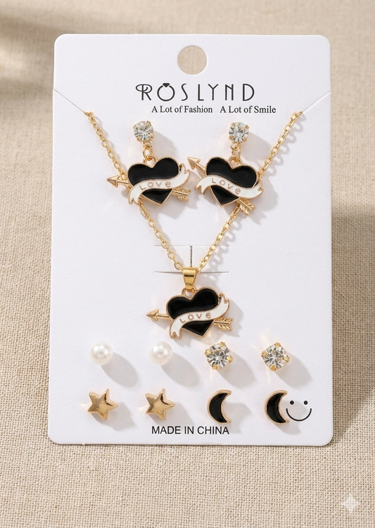 Stylish Heart Love Pendant Necklace & Earrings Combo Set for Women & Girls