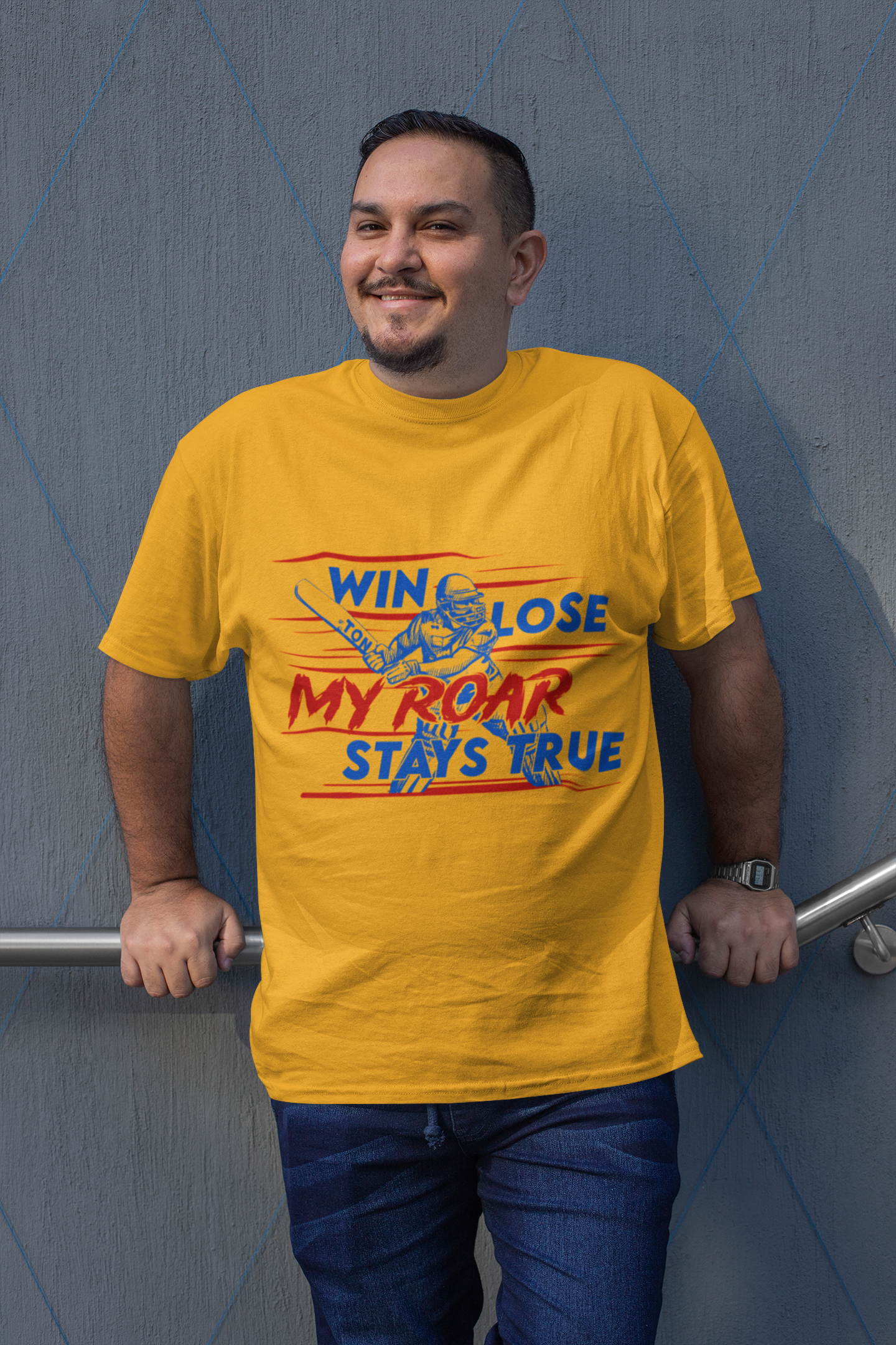CSK fan custom t-shirt front view with 'Roar Stays True' slogan for Chennai Super Kings supporters for male