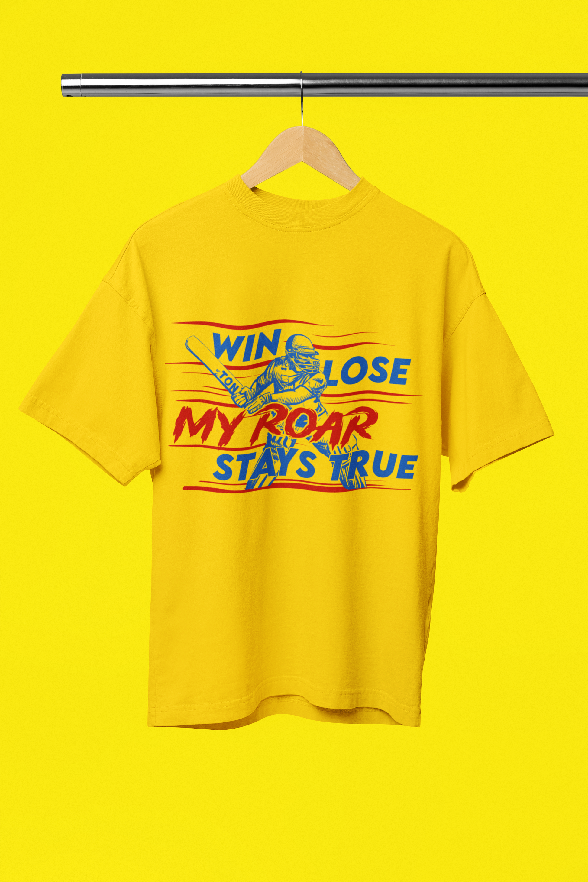 CSK fan custom t-shirt front view with 'Roar Stays True' slogan for Chennai Super Kings supporters