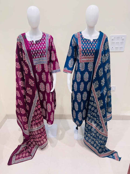 Elegant Printed Cotton Kurti with Pant & Dupatta Set – Stylish Women’s Ethnic Wear