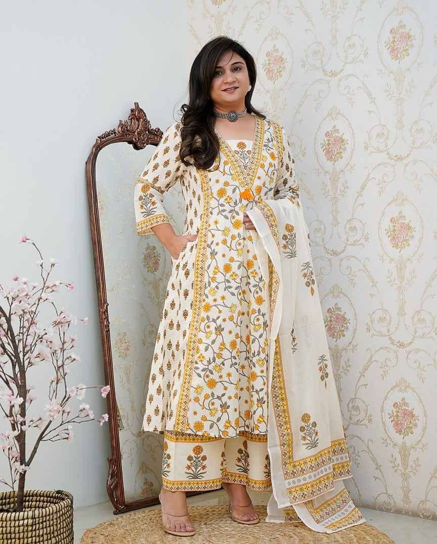 Cotton Floral Motif Printed Kurta Set with Pleated Salwar & Soft Cotton Dupatta