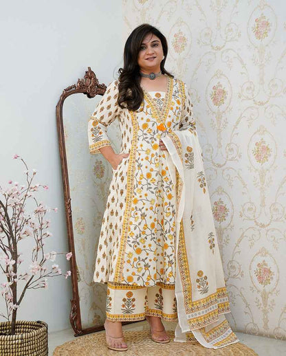 Cotton Floral Motif Printed Kurta Set with Pleated Salwar & Soft Cotton Dupatta