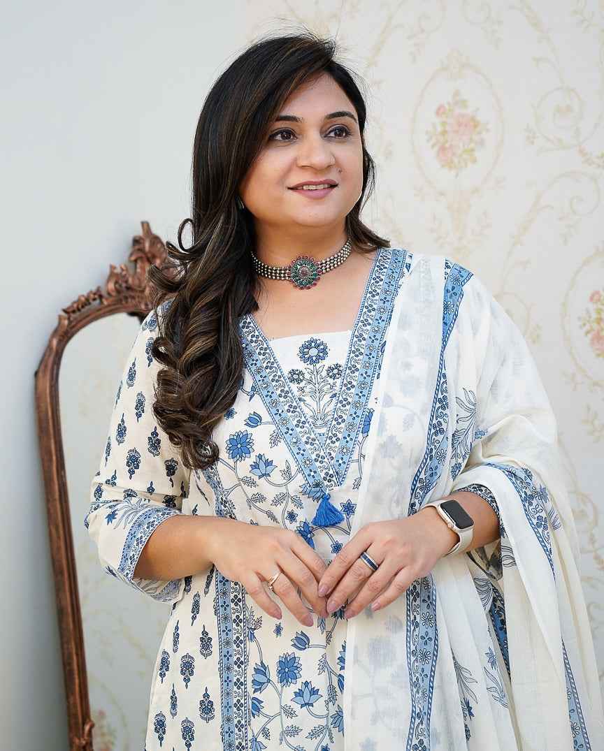 Cotton Floral Motif Printed Kurta Set with Pleated Salwar & Soft Cotton Dupatta