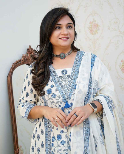 Cotton Floral Motif Printed Kurta Set with Pleated Salwar & Soft Cotton Dupatta