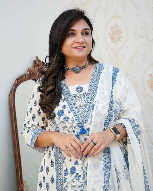 Cotton Floral Motif Printed Kurta Set with Pleated Salwar & Soft Cotton Dupatta