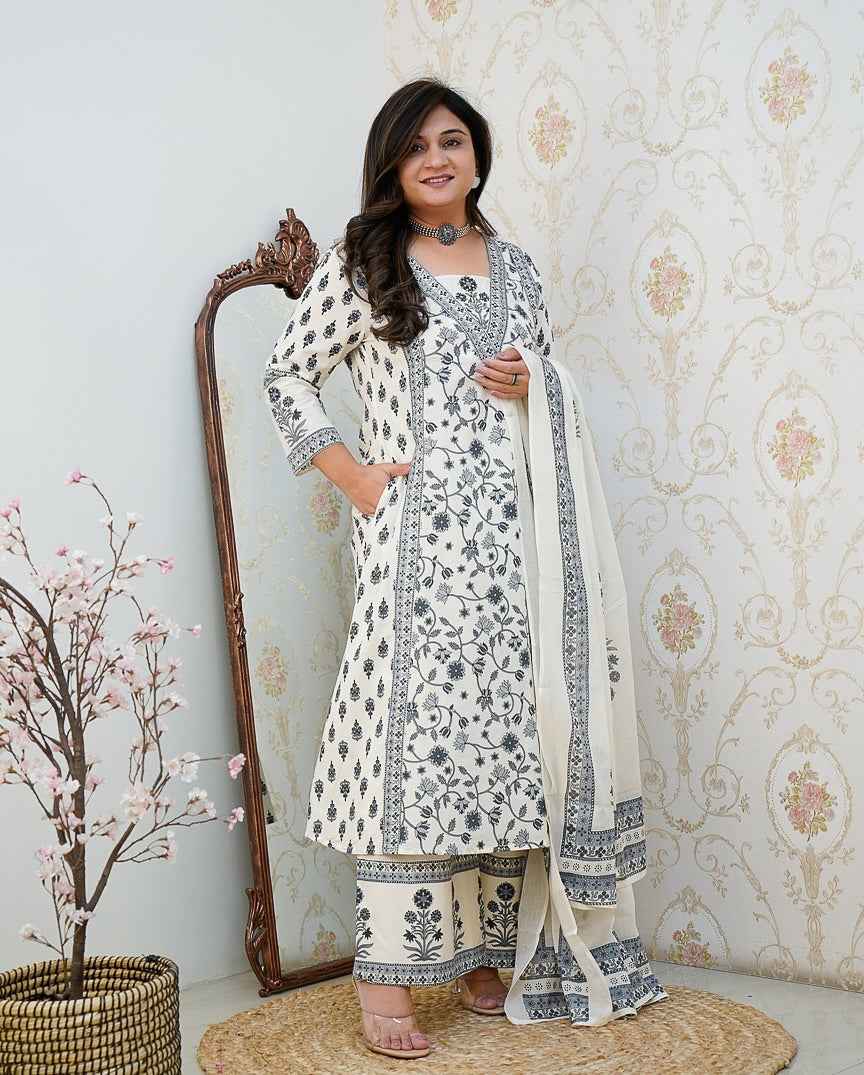 Cotton Floral Motif Printed Kurta Set with Pleated Salwar & Soft Cotton Dupatta
