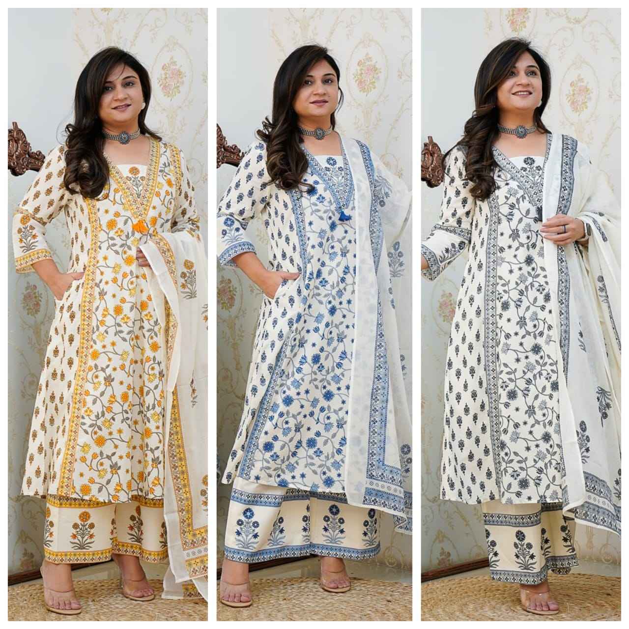 Cotton Floral Motif Printed Kurta Set with Pleated Salwar & Soft Cotton Dupatta