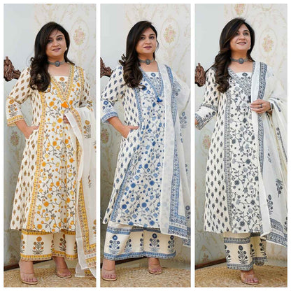 Cotton Floral Motif Printed Kurta Set with Pleated Salwar & Soft Cotton Dupatta