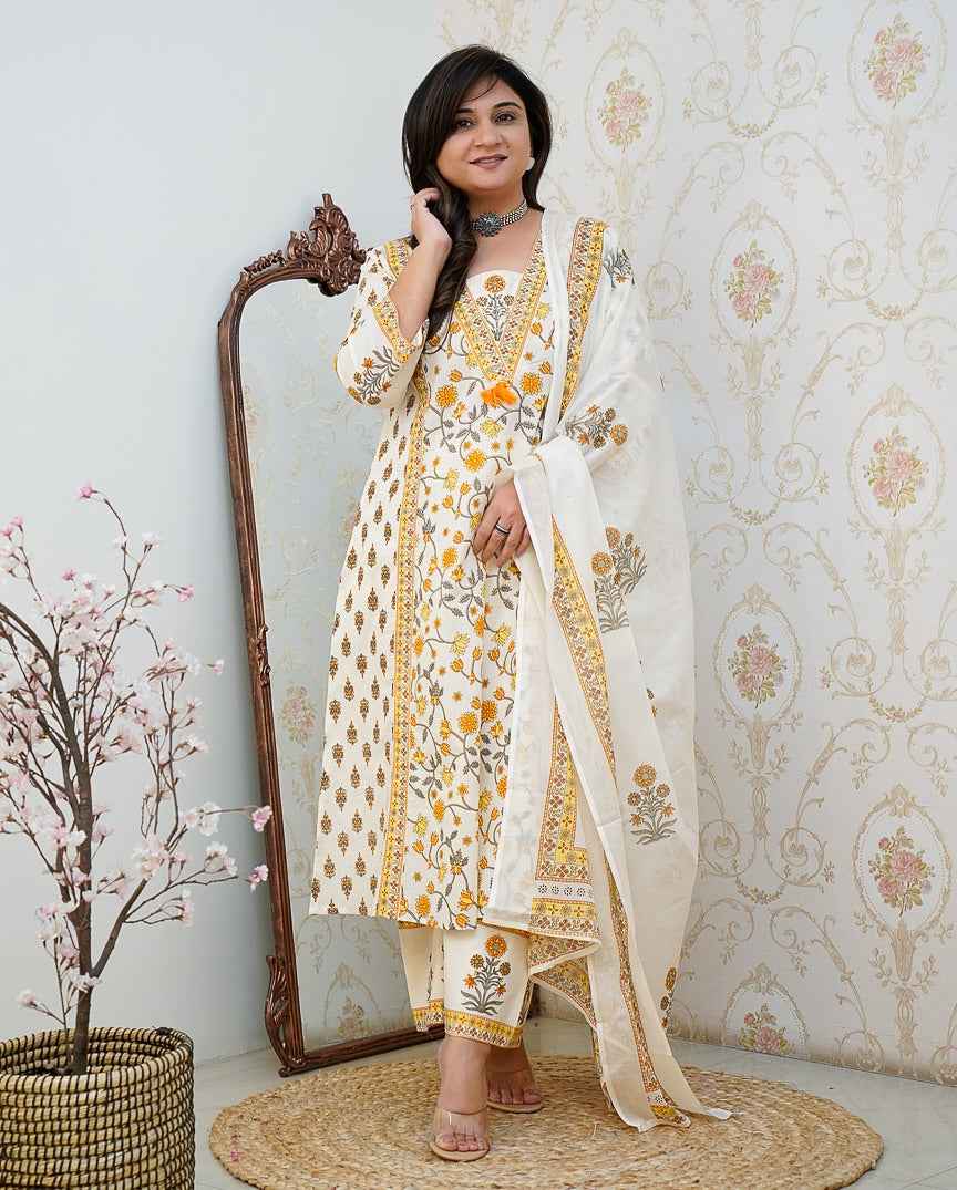 Cotton Floral Motif Printed Kurta Set with Pleated Salwar & Soft Cotton Dupatta