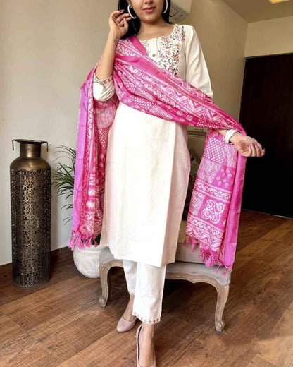 Khadi Cotton Embroidery Kurta with Straight Pant & Khadi Silk Dupatta – Premium Handloom Set