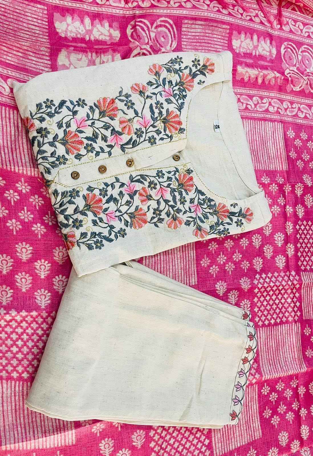 Khadi Cotton Embroidery Kurta with Straight Pant & Khadi Silk Dupatta – Premium Handloom Set