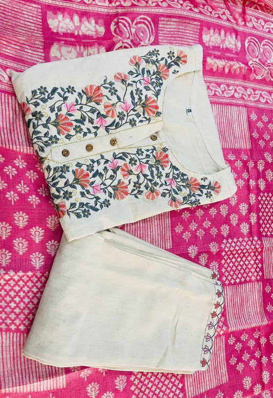 Khadi Cotton Embroidery Kurta with Straight Pant & Khadi Silk Dupatta – Premium Handloom Set