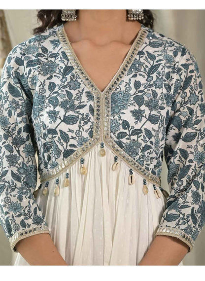 Alia Style Cotton Flared Kurti Set with Pant & Malmal Dupatta | Embroidery & Cori Work Neck Design