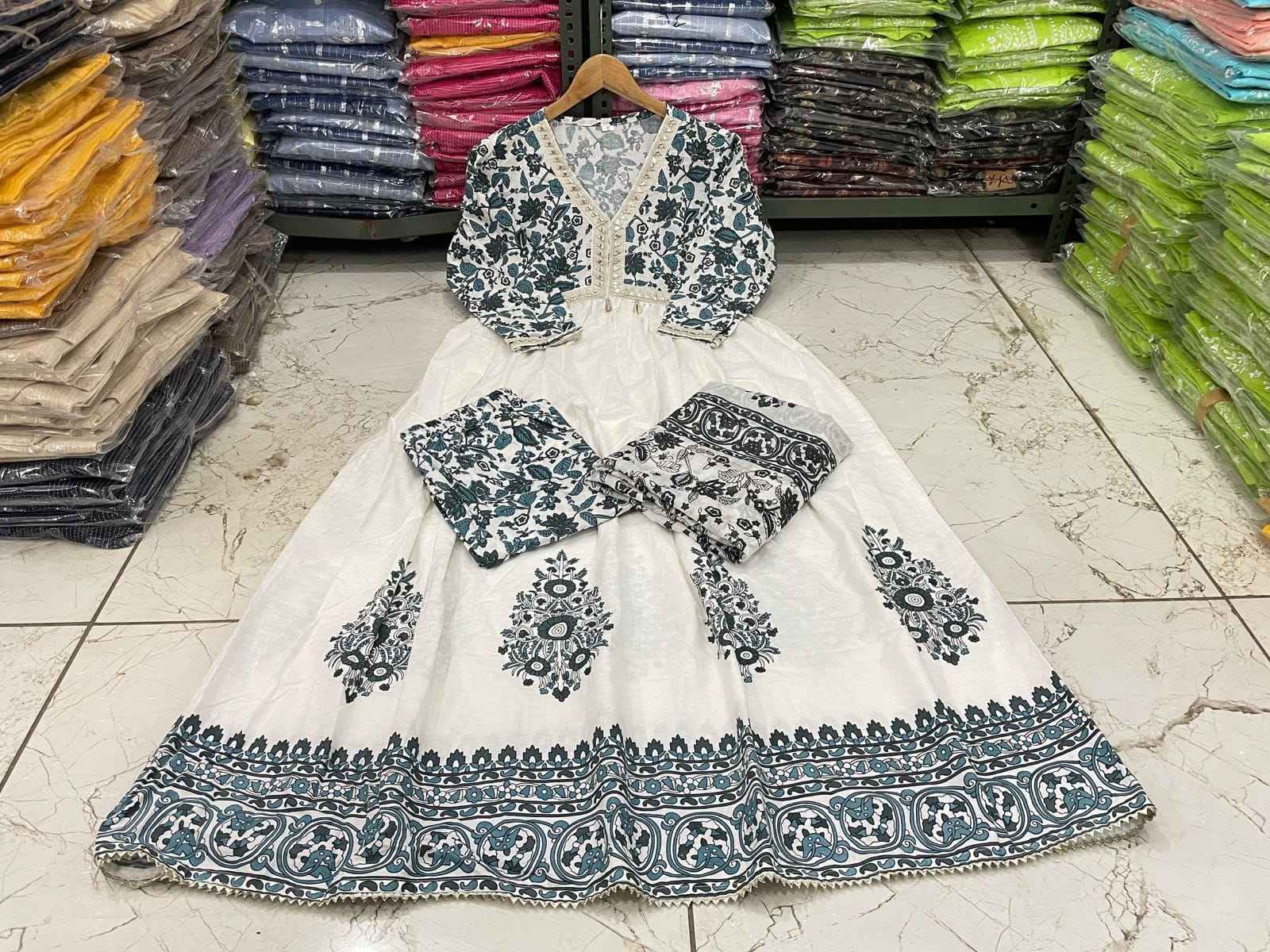 Alia Style Cotton Flared Kurti Set with Pant & Malmal Dupatta | Embroidery & Cori Work Neck Design