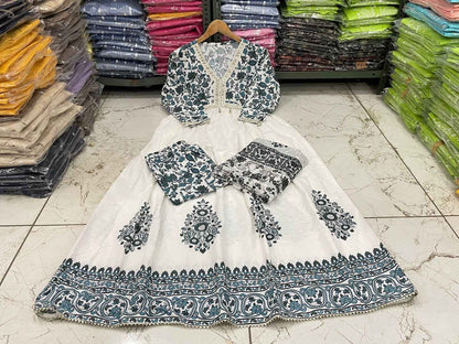 Alia Style Cotton Flared Kurti Set with Pant & Malmal Dupatta | Embroidery & Cori Work Neck Design