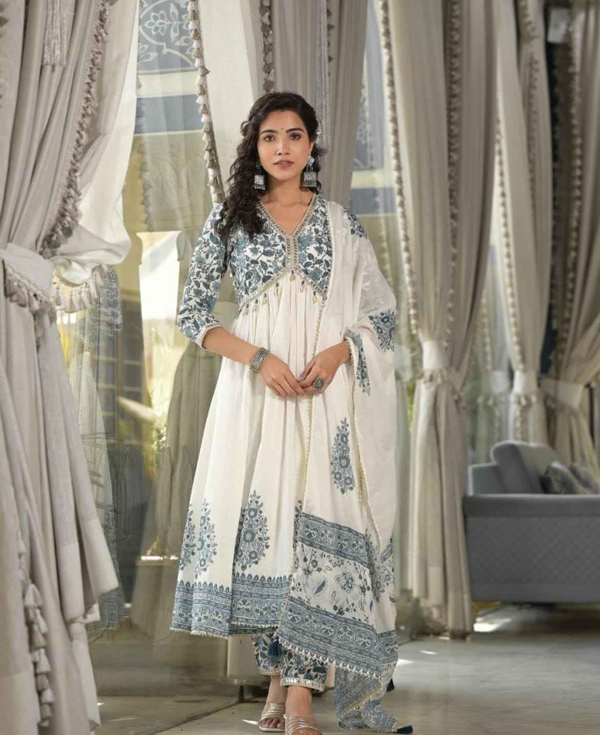 Alia Style Cotton Flared Kurti Set with Pant & Malmal Dupatta | Embroidery & Cori Work Neck Design