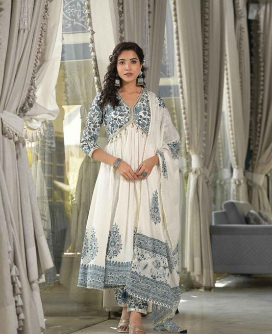 Alia Style Cotton Flared Kurti Set with Pant & Malmal Dupatta | Embroidery & Cori Work Neck Design