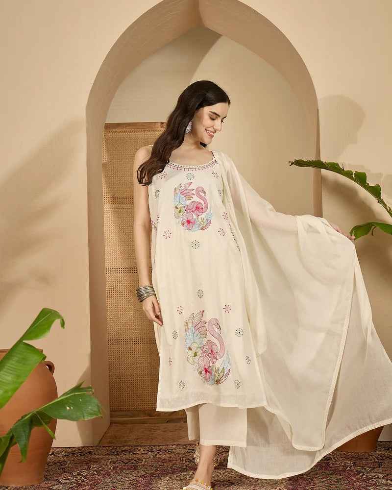 Floral Embroidered Sleeveless Kurta with Palazzo & Dupatta | Cotton Suit Set with 2 Side Pockets