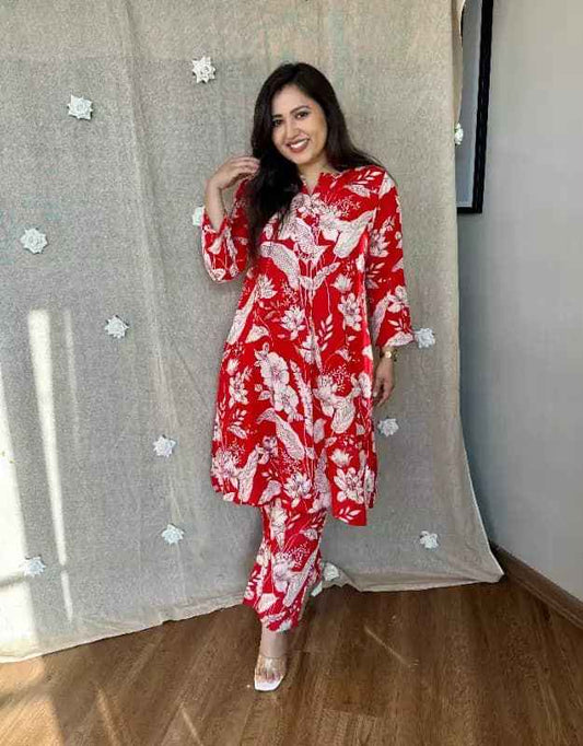 Trendy Floral Cotton Co-Ord Set – Travel & Office Wear with Mirror Work Detailing