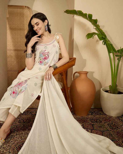 Floral Embroidered Sleeveless Kurta with Palazzo & Dupatta | Cotton Suit Set with 2 Side Pockets