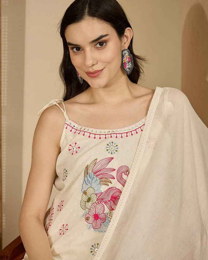 Floral Embroidered Sleeveless Kurta with Palazzo & Dupatta | Cotton Suit Set with 2 Side Pockets
