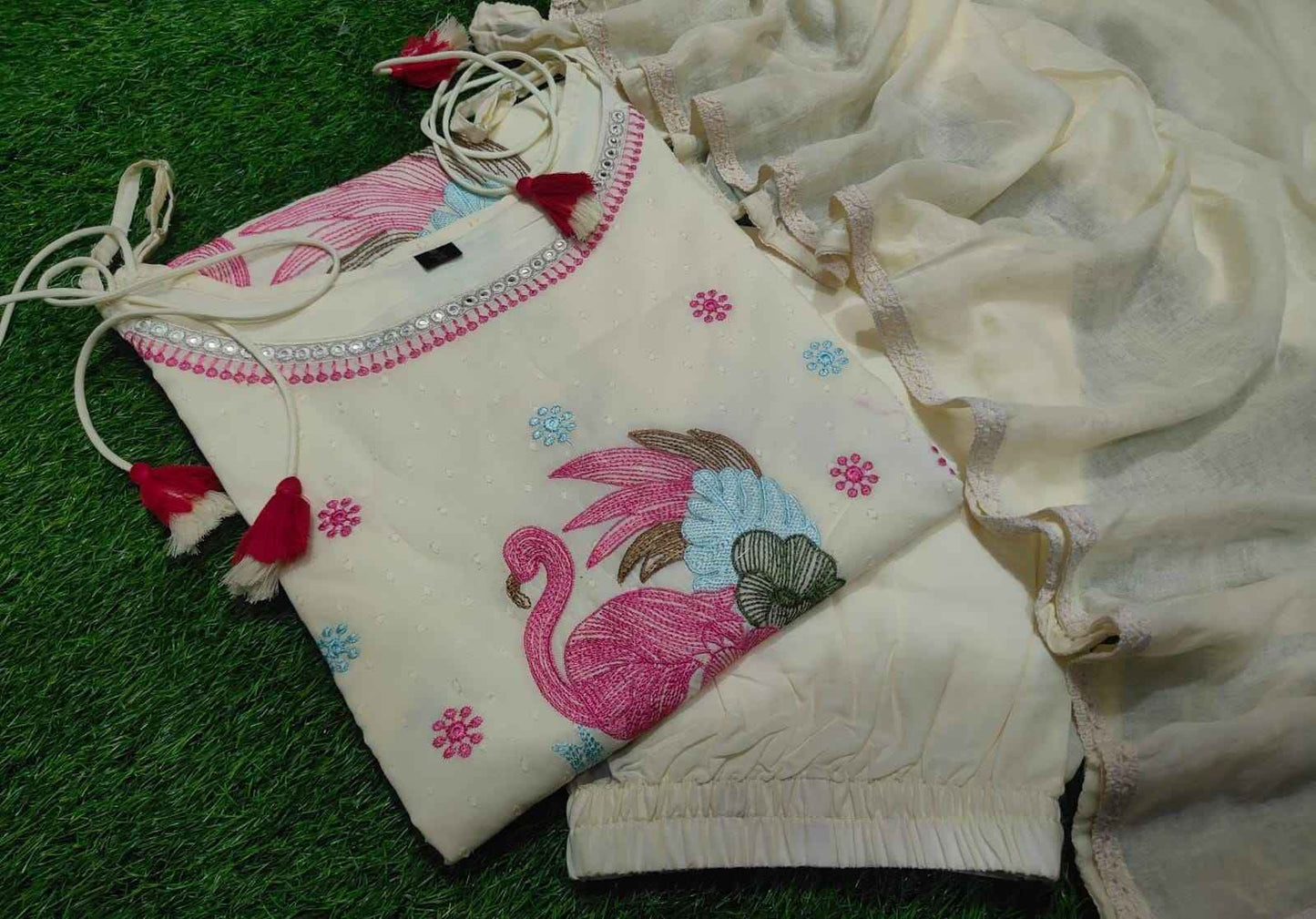 Floral Embroidered Sleeveless Kurta with Palazzo & Dupatta | Cotton Suit Set with 2 Side Pockets