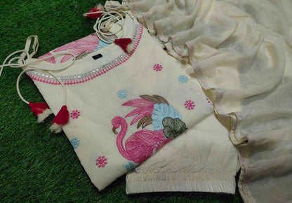 Floral Embroidered Sleeveless Kurta with Palazzo & Dupatta | Cotton Suit Set with 2 Side Pockets