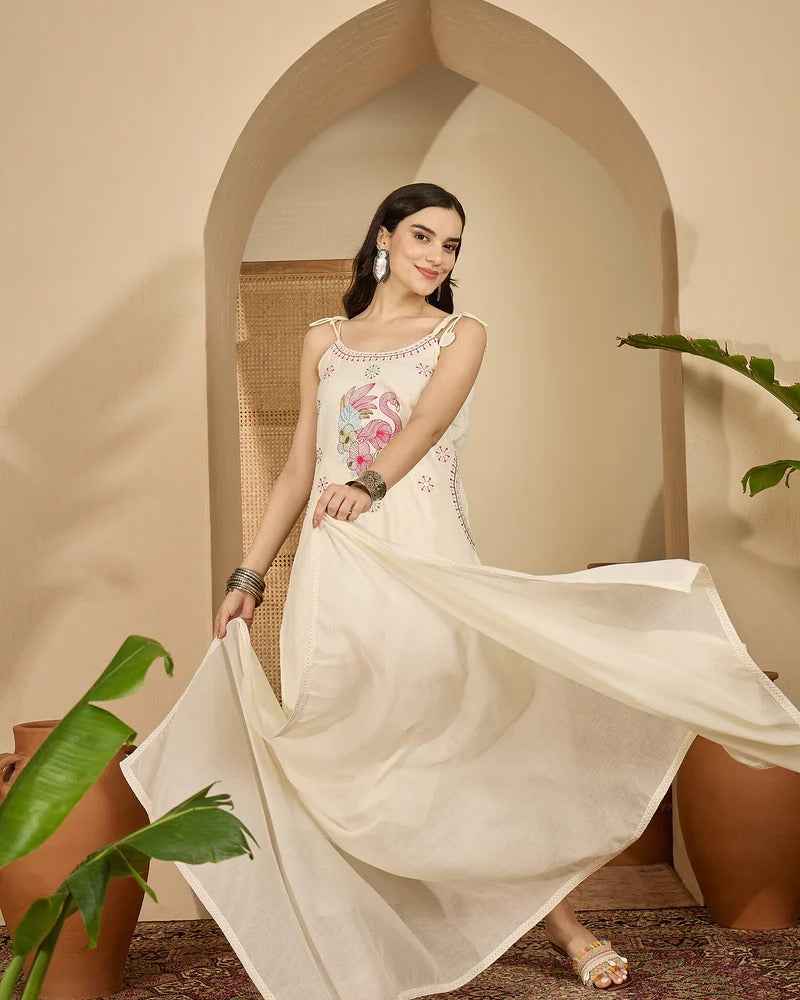 Floral Embroidered Sleeveless Kurta with Palazzo & Dupatta | Cotton Suit Set with 2 Side Pockets