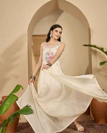 Floral Embroidered Sleeveless Kurta with Palazzo & Dupatta | Cotton Suit Set with 2 Side Pockets