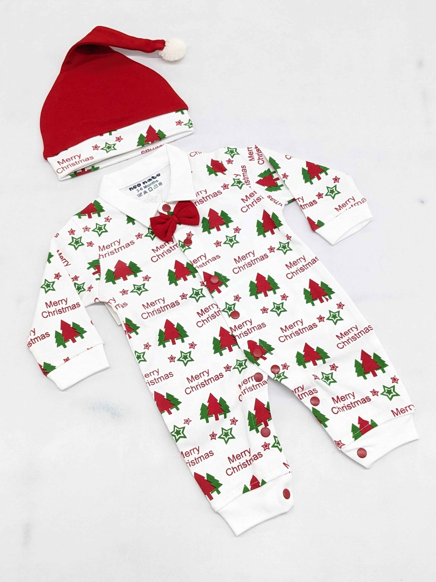 Baby Boy Christmas Romper Set with Cap – Santa & Snowman Printed Cotton Outfit with Bow Tie & Suspenders