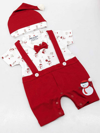Baby Boy Christmas Romper Set with Cap – Santa & Snowman Printed Cotton Outfit with Bow Tie & Suspenders