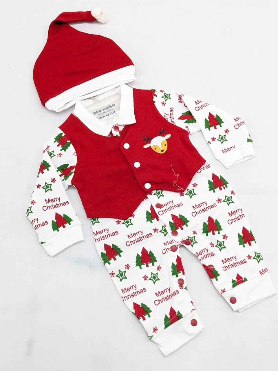 Baby Boy Christmas Romper Set with Cap – Santa & Snowman Printed Cotton Outfit with Bow Tie & Suspenders