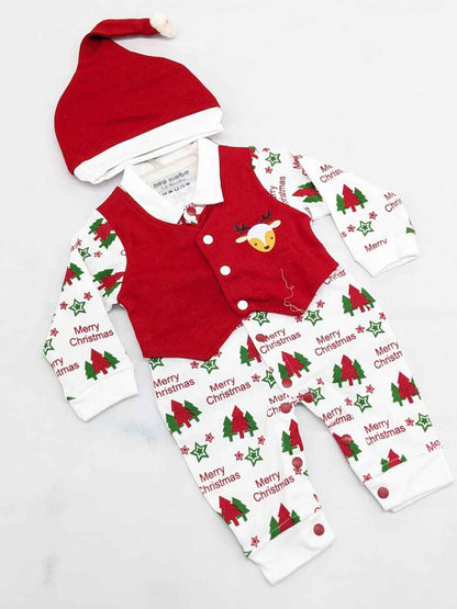 Baby Boy Christmas Romper Set with Cap – Santa & Snowman Printed Cotton Outfit with Bow Tie & Suspenders
