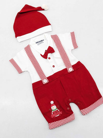 Baby Boy Christmas Romper Set with Cap – Santa & Snowman Printed Cotton Outfit with Bow Tie & Suspenders