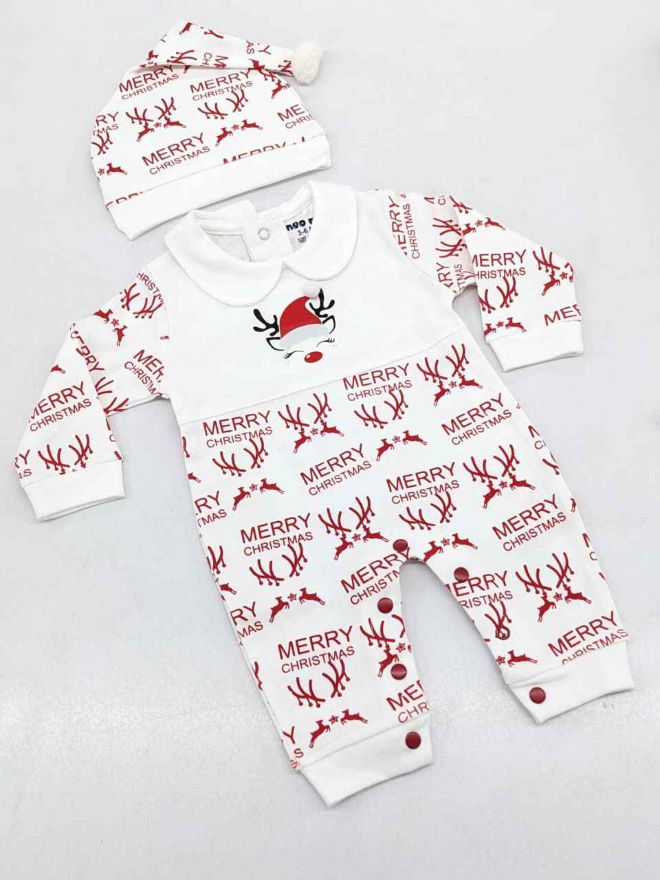 Baby Boy Christmas Romper Set with Cap – Santa & Snowman Printed Cotton Outfit with Bow Tie & Suspenders