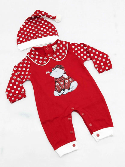 Baby Boy Christmas Romper Set with Cap – Santa & Snowman Printed Cotton Outfit with Bow Tie & Suspenders