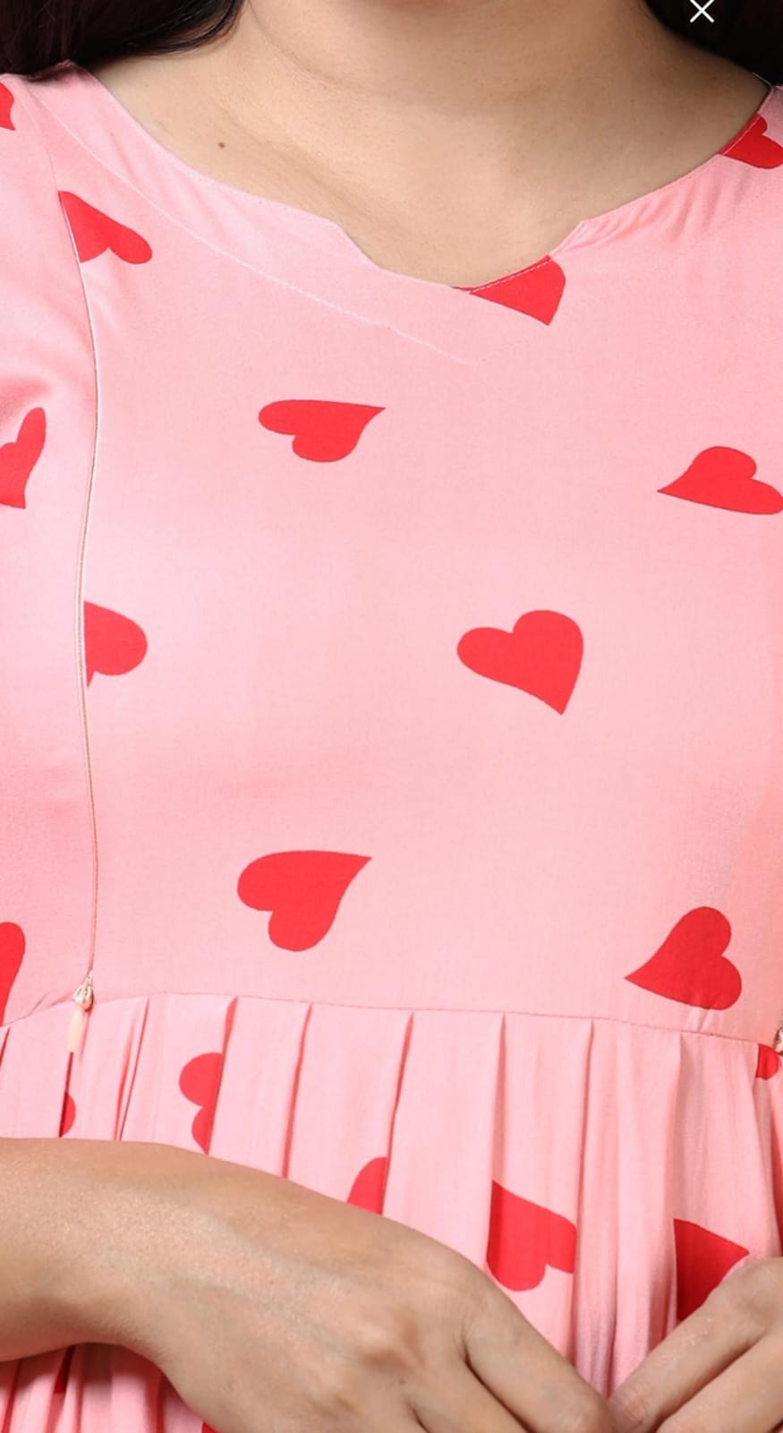 Pink Heart Print Maternity Dress – Soft Cotton Feeding & Pregnancy Wear for Women